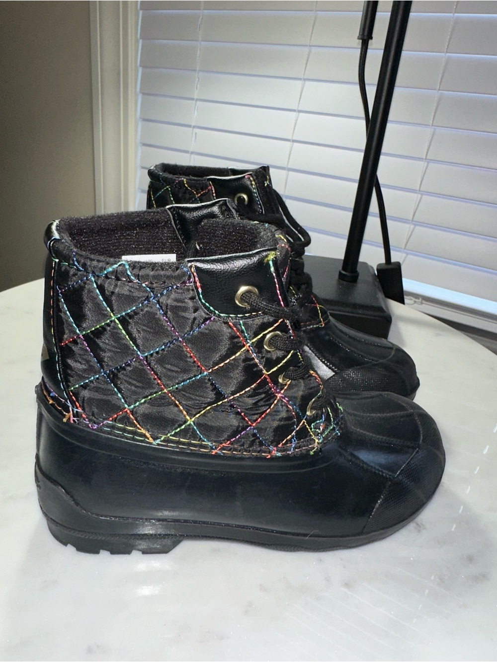 Sperry Rainbow kids' duck boots, black quilted upper, w/colorful, multi-color 13